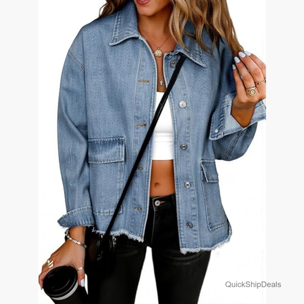 Cropped Denim Jacket With Frayed Hem And Pockets